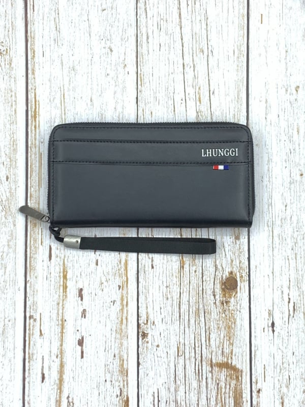 Portofel masculin lung cu fermoar simplu, piele PU, Lhunggi, stil afaceri elit, capacitate mare, buzunare multiple pentru carduri, protecție împotriva furtului, căptușeală PVC, Primăvara 2025