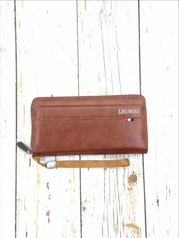 Portofel masculin lung cu fermoar simplu, piele PU, Lhunggi, stil afaceri elit, capacitate mare, buzunare multiple pentru carduri, protecție împotriva furtului, căptușeală PVC, Primăvara 2025