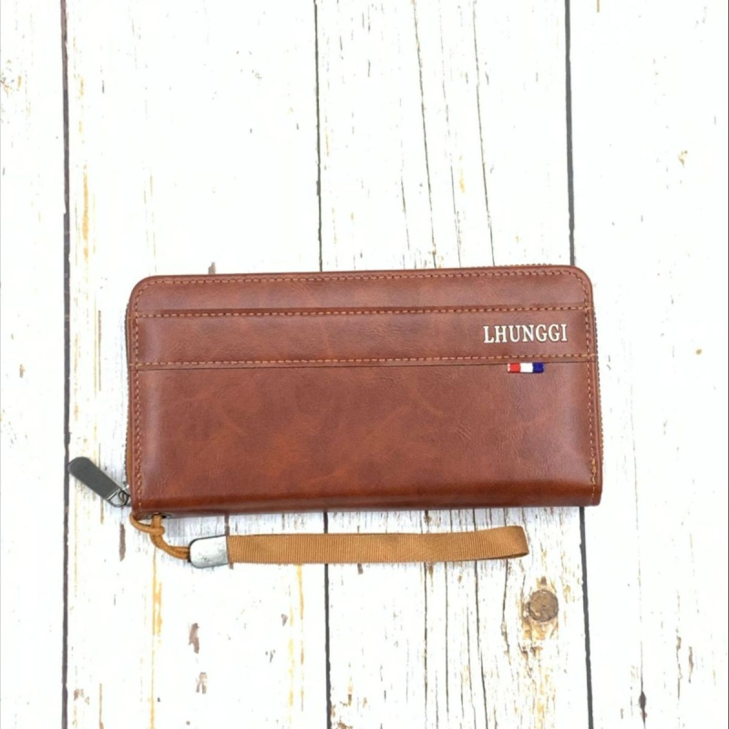 Portofel masculin lung cu fermoar simplu, piele PU, Lhunggi, stil afaceri elit, capacitate mare, buzunare multiple pentru carduri, protecție împotriva furtului, căptușeală PVC, Primăvara 2025