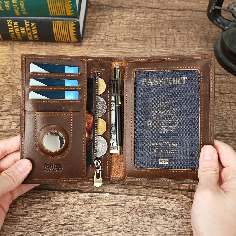 Niucunzh Portofel scurt din piele naturală cu husă pentru pașaport, din primul strat de piele de vită, rezistent la uzură, căptușeală poliester-bumbac, multifuncțional