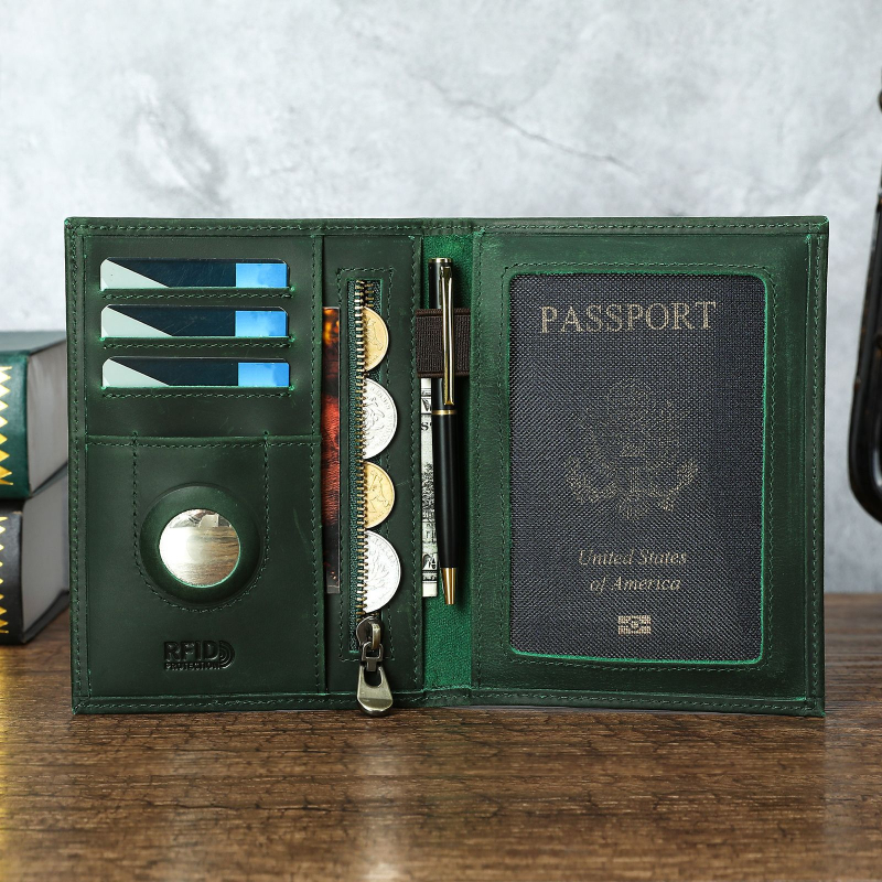 Niucunzh Portofel scurt din piele naturală cu husă pentru pașaport, din primul strat de piele de vită, rezistent la uzură, căptușeală poliester-bumbac, multifuncțional