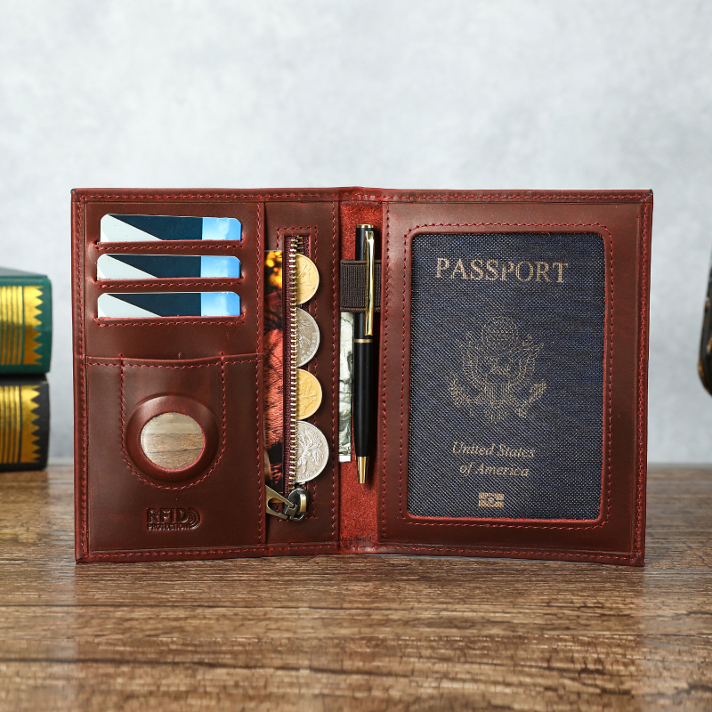 Niucunzh Portofel scurt din piele naturală cu husă pentru pașaport, din primul strat de piele de vită, rezistent la uzură, căptușeală poliester-bumbac, multifuncțional