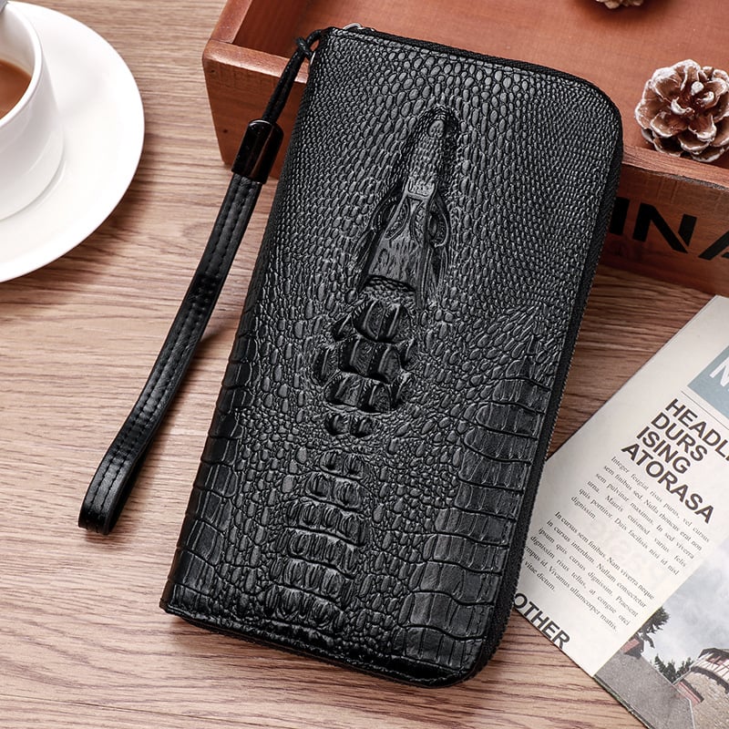 Portofel clutch masculin lung, cu model de crocodil, multe compartimente pentru carduri, 1 fermoar, capacitate mare (Material: PU; Captușeală: poliester; Sezon: primăvara 2024)