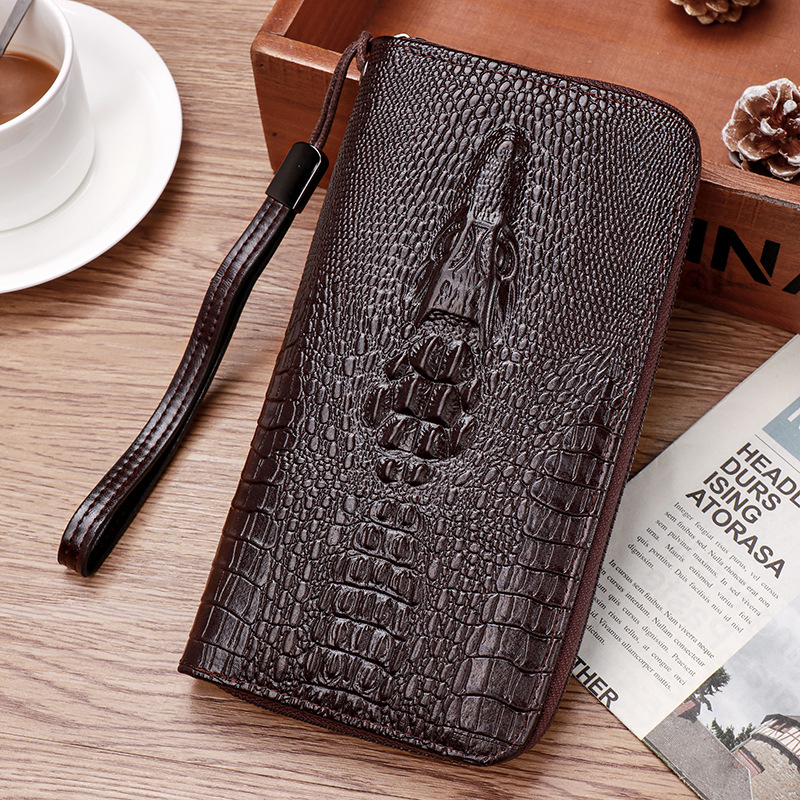 Portofel clutch masculin lung, cu model de crocodil, multe compartimente pentru carduri, 1 fermoar, capacitate mare (Material: PU; Captușeală: poliester; Sezon: primăvara 2024)