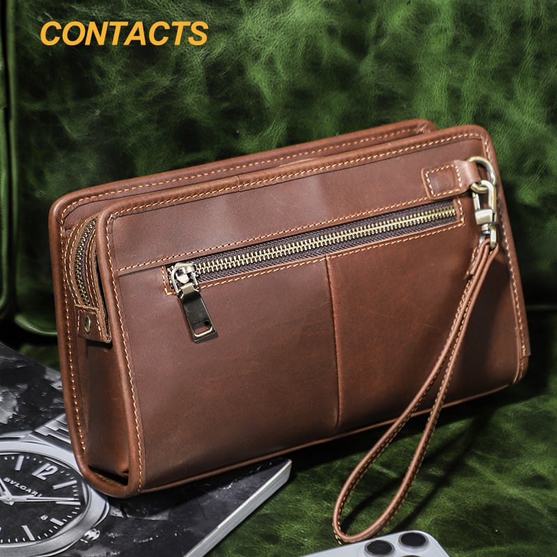 Black Angel muška kožna clutch torbica – poslovni elitni stil, koža prvog sloja, proširivanje i skladištenje, poliester podstava