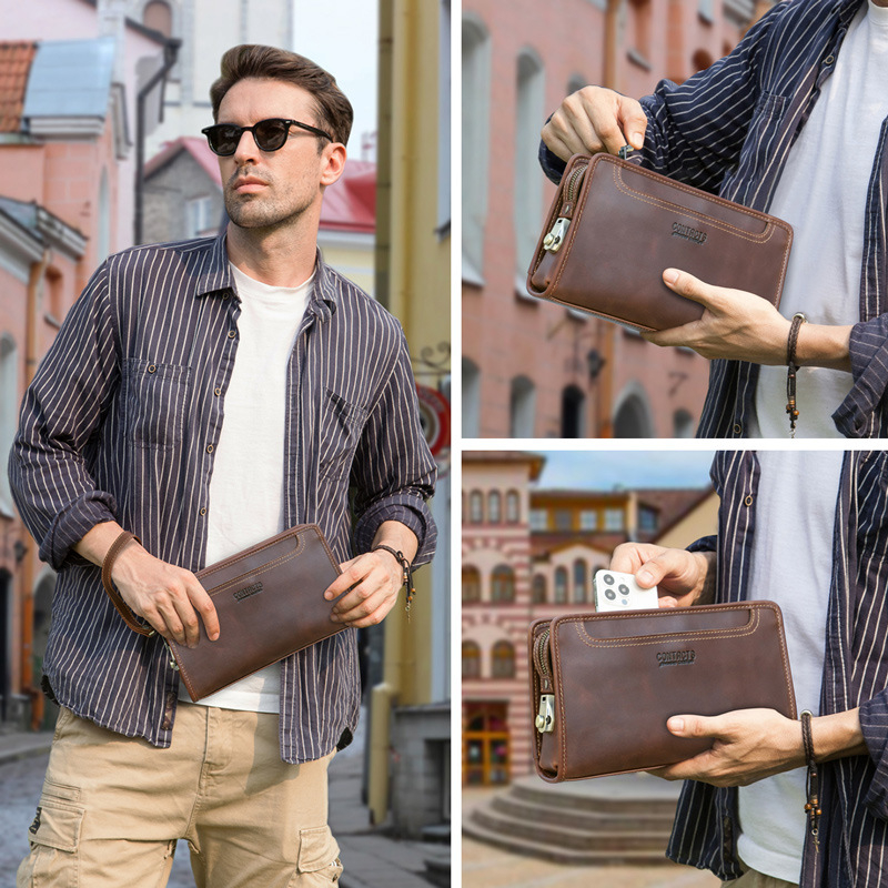 Black Angel muška kožna clutch torbica – poslovni elitni stil, koža prvog sloja, proširivanje i skladištenje, poliester podstava