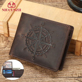 Σύντομο πορτοφόλι από γνήσιο δέρμα με αντι-κλοπή, μοτίβο πυξίδας, πρώτο στρώμα βοδινού δέρματος, ανθεκτικό στη φθορά