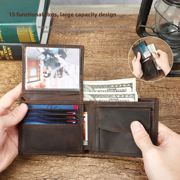 Σύντομο πορτοφόλι από γνήσιο δέρμα με αντι-κλοπή, μοτίβο πυξίδας, πρώτο στρώμα βοδινού δέρματος, ανθεκτικό στη φθορά