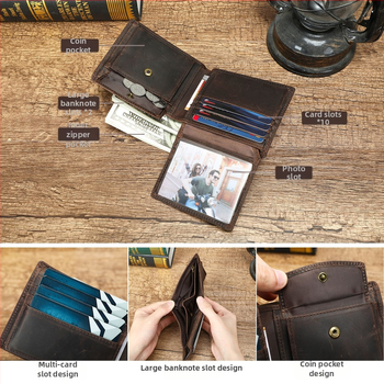 Σύντομο πορτοφόλι από γνήσιο δέρμα με αντι-κλοπή, μοτίβο πυξίδας, πρώτο στρώμα βοδινού δέρματος, ανθεκτικό στη φθορά