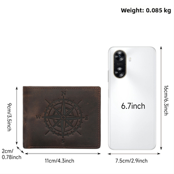 Σύντομο πορτοφόλι από γνήσιο δέρμα με αντι-κλοπή, μοτίβο πυξίδας, πρώτο στρώμα βοδινού δέρματος, ανθεκτικό στη φθορά