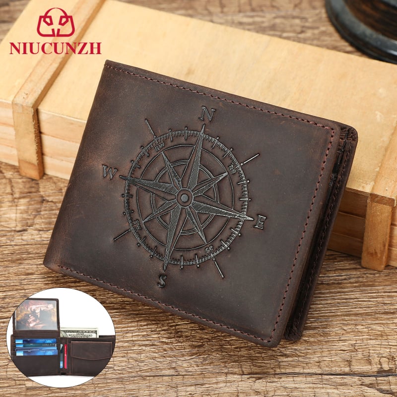 Σύντομο πορτοφόλι από γνήσιο δέρμα με αντι-κλοπή, μοτίβο πυξίδας, πρώτο στρώμα βοδινού δέρματος, ανθεκτικό στη φθορά