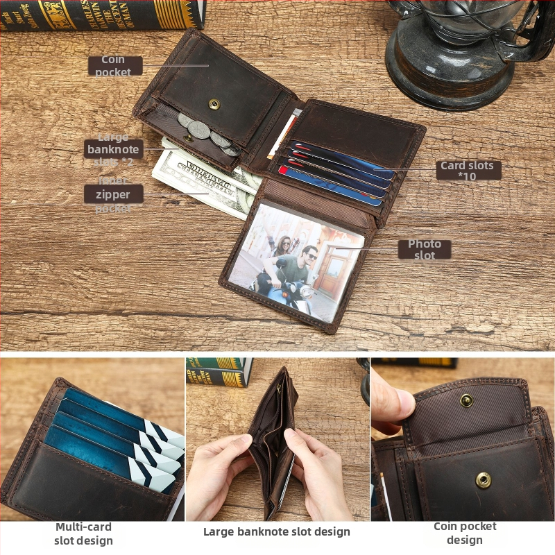 Σύντομο πορτοφόλι από γνήσιο δέρμα με αντι-κλοπή, μοτίβο πυξίδας, πρώτο στρώμα βοδινού δέρματος, ανθεκτικό στη φθορά