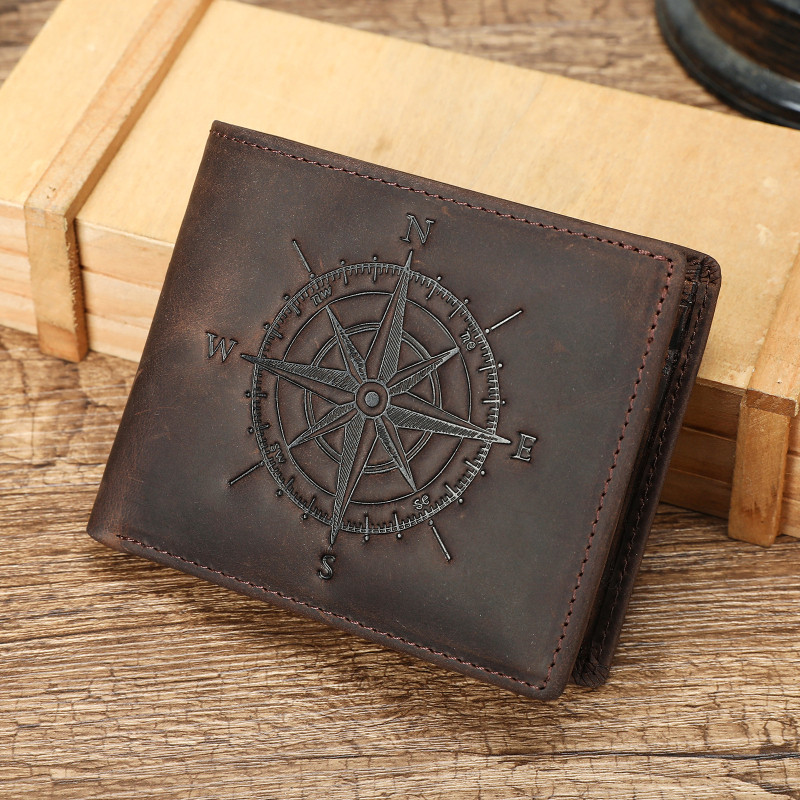 Σύντομο πορτοφόλι από γνήσιο δέρμα με αντι-κλοπή, μοτίβο πυξίδας, πρώτο στρώμα βοδινού δέρματος, ανθεκτικό στη φθορά
