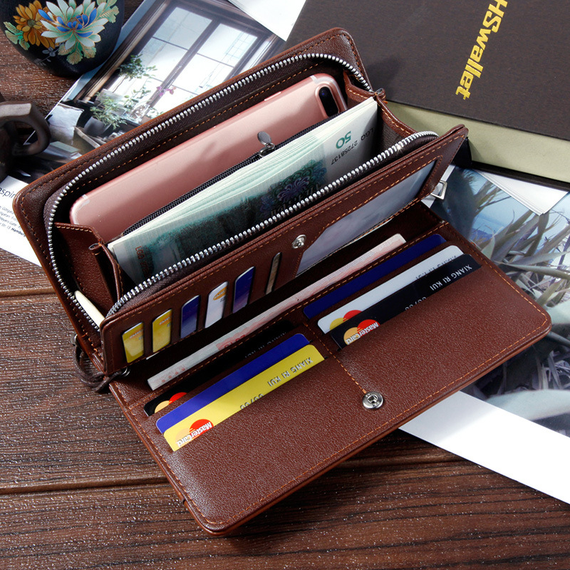 Muški PU kožni clutch novčanik sa zipom, horizontalni kvadratni oblik, unutarnji pretinci: klip za banknote, džep za identifikaciju, džep za kartice, džep za pasoš