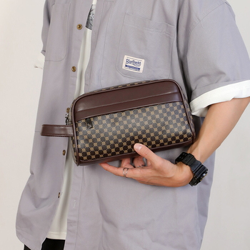 Vyrų street stiliaus PU clutch krepšys, languotas raštas, atsparus vandeniui, telpa 8 colių nešiojamasis kompiuteris