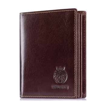 Мъжки къс портфейл от естествена кожа с RFID защита — първи слой телешка кожа, защита срещу кражба, антимагнитна подплата, едноцветен, вертикален дизайн