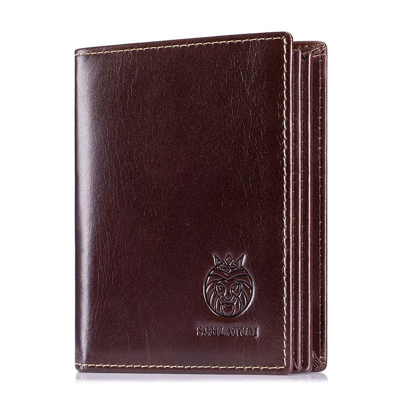 Мъжки къс портфейл от естествена кожа с RFID защита — първи слой телешка кожа, защита срещу кражба, антимагнитна подплата, едноцветен, вертикален дизайн