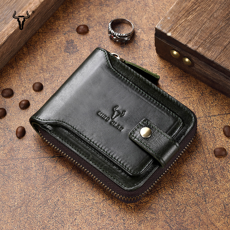 Muški novčanik od prave kože — gornji sloj teleće kože, jednobojni dizajn, poliester podstava, otporan na trošenje, za svakodnevnu upotrebu