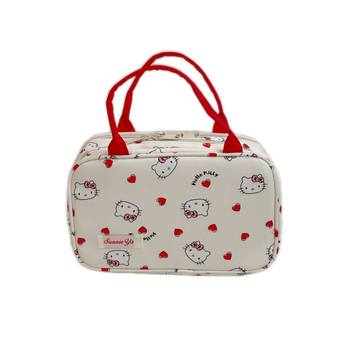 Hello Kitty osztott kozmetikai táska, Oxford anyag, poliészter bélés, karikatúra mintázat, cipzáras zárás