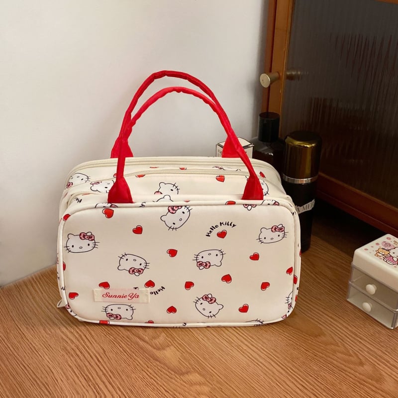 Hello Kitty osztott kozmetikai táska, Oxford anyag, poliészter bélés, karikatúra mintázat, cipzáras zárás