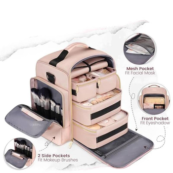 Geantă de voiaj pentru cosmetică cu 4 cutii detașabile și 1 rol de organizare a bijuteriilor, mai multe buzunare, poliester, separare uscat-umed