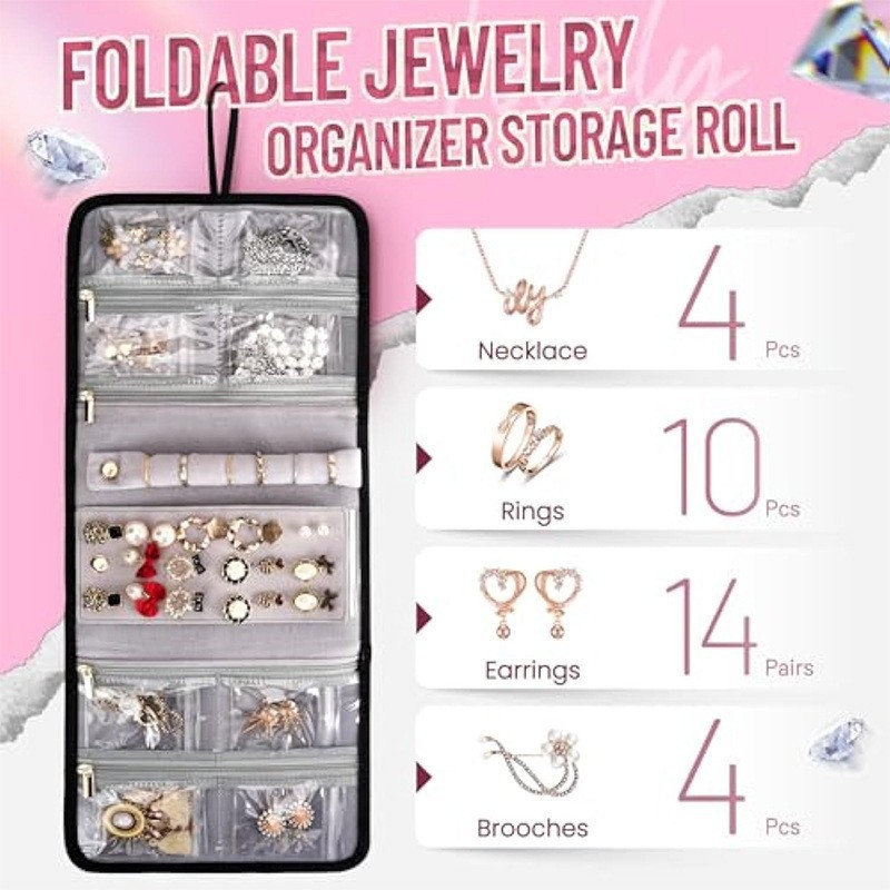 Geantă de voiaj pentru cosmetică cu 4 cutii detașabile și 1 rol de organizare a bijuteriilor, mai multe buzunare, poliester, separare uscat-umed