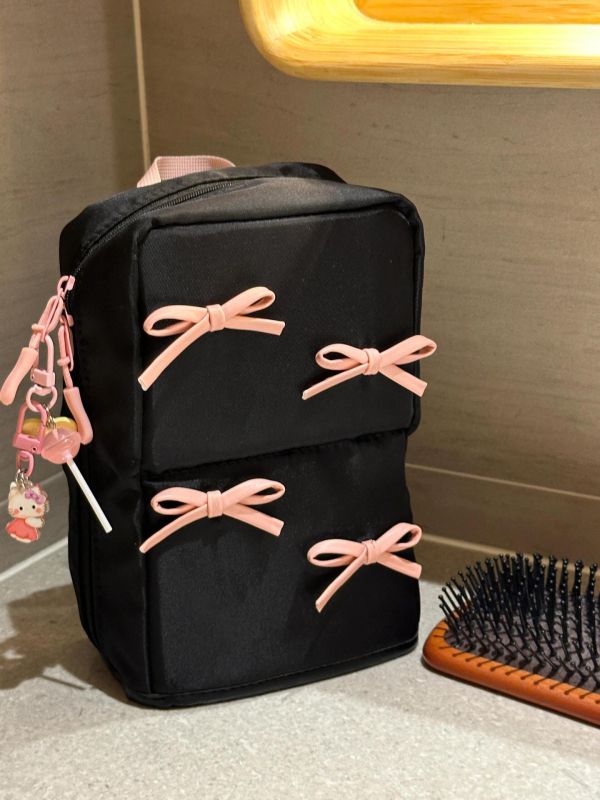 Geantă de machiaj cu funda, portabilă, cu compartimente verticale, din Oxford, căptușeală poliester, respirabilă și impermeabilă, ultra-ușoară, Yonghao, pentru femei