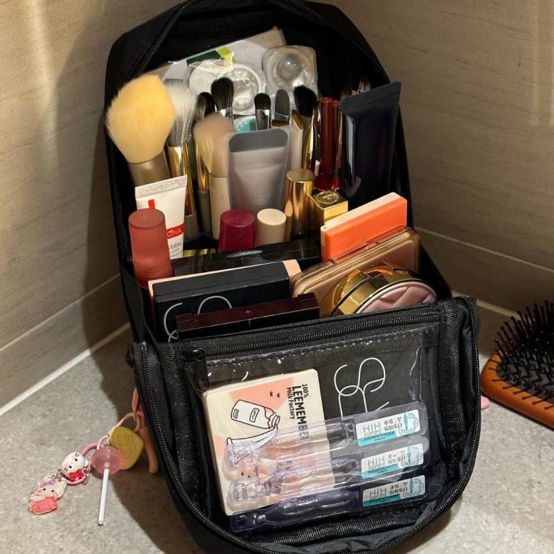 Geantă de machiaj cu funda, portabilă, cu compartimente verticale, din Oxford, căptușeală poliester, respirabilă și impermeabilă, ultra-ușoară, Yonghao, pentru femei