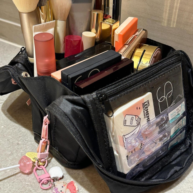 Geantă de machiaj cu funda, portabilă, cu compartimente verticale, din Oxford, căptușeală poliester, respirabilă și impermeabilă, ultra-ușoară, Yonghao, pentru femei