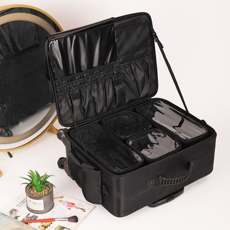 Κοσμητικό κουτί με ρόδες από Oxford ύφασμα, σκληρή κατασκευή, άνοιγμα με φερμουάρ, εσωτερική θήκη για φορητό υπολογιστή