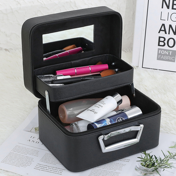 Τσαντάκι καλλυντικών μεγάλης χωρητικότητας, διπλού επιπέδου με καθρέφτη, PU δέρμα, επένδυση φλάνελ, φορητή θήκη μακιγιάζ