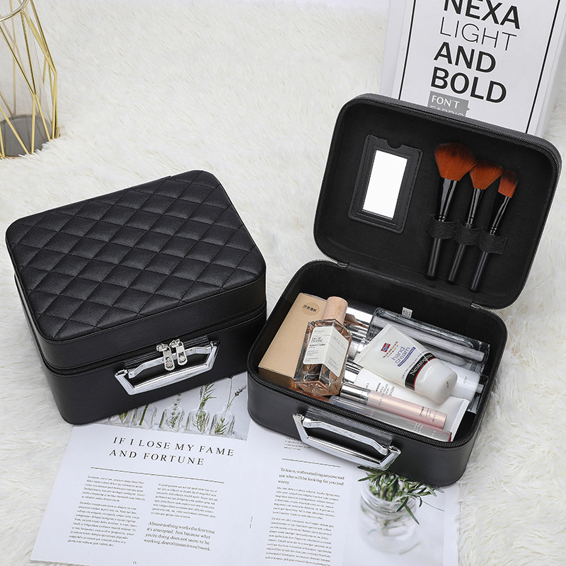 Τσαντάκι καλλυντικών μεγάλης χωρητικότητας, διπλού επιπέδου με καθρέφτη, PU δέρμα, επένδυση φλάνελ, φορητή θήκη μακιγιάζ