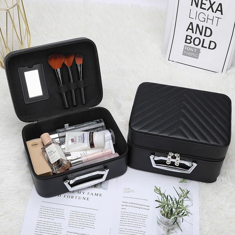Τσαντάκι καλλυντικών μεγάλης χωρητικότητας, διπλού επιπέδου με καθρέφτη, PU δέρμα, επένδυση φλάνελ, φορητή θήκη μακιγιάζ