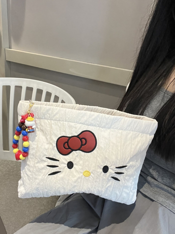 Τσάντα καλλυντικών με κέντημα γάτας, καμβάς, μοτίβο ζώου, επένδυση πολυεστέρα, στυλ παιδικού καρτούν, unisex