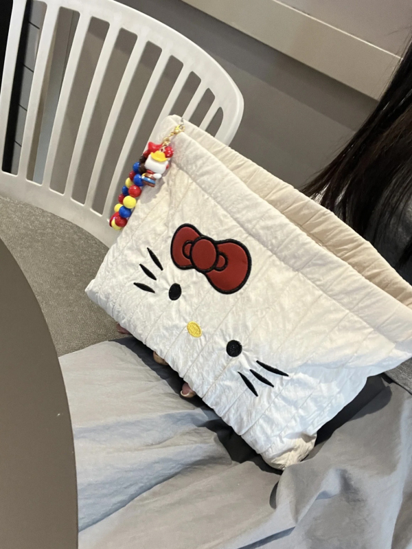 Τσάντα καλλυντικών με κέντημα γάτας, καμβάς, μοτίβο ζώου, επένδυση πολυεστέρα, στυλ παιδικού καρτούν, unisex