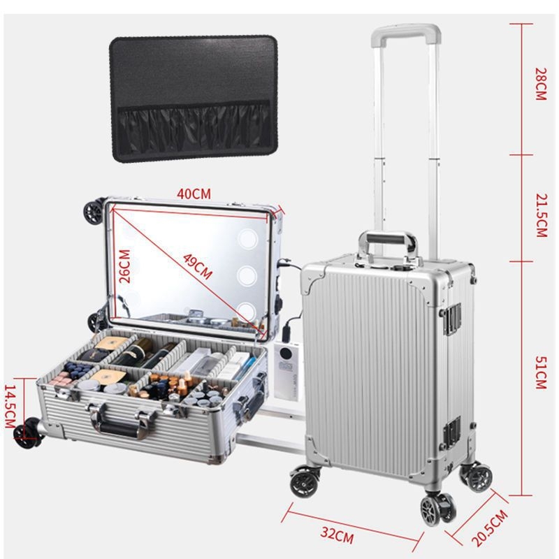 Kutija za šminku sa osvjetljenjem i staklenim ogledalom, EVA konstrukcija, prijenosni trolley, zaključavanje ključem Braunberg