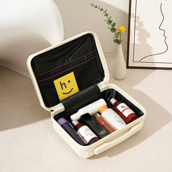 Μίνι βαλιτσάκι καλλυντικών και αποθήκευσης από ABS υλικό, με κυκλικούς τροχούς, άνοιγμα με φερμουάρ, ριγέ σχέδιο, αδιάβροχο