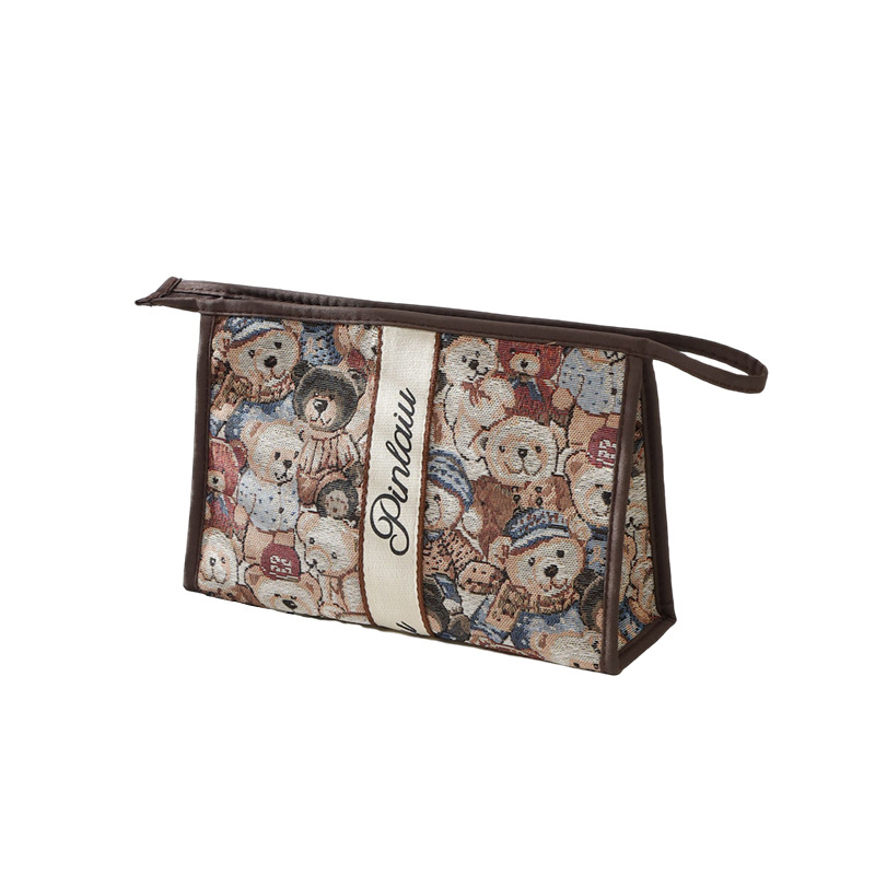 Geantă de cosmetică cu ursuleț desen animat drăguț - capacitate mare, portabilă pentru călătorii, poliester, respirabilă, ușoară, unisex, stil urban minimalist