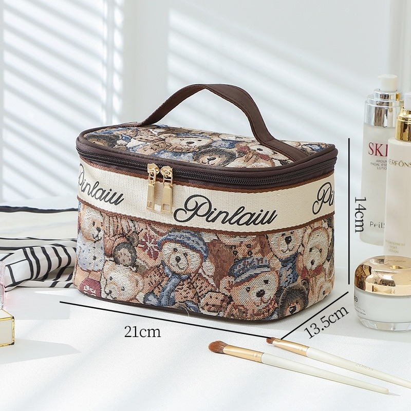 Geantă de cosmetică cu ursuleț desen animat drăguț - capacitate mare, portabilă pentru călătorii, poliester, respirabilă, ușoară, unisex, stil urban minimalist