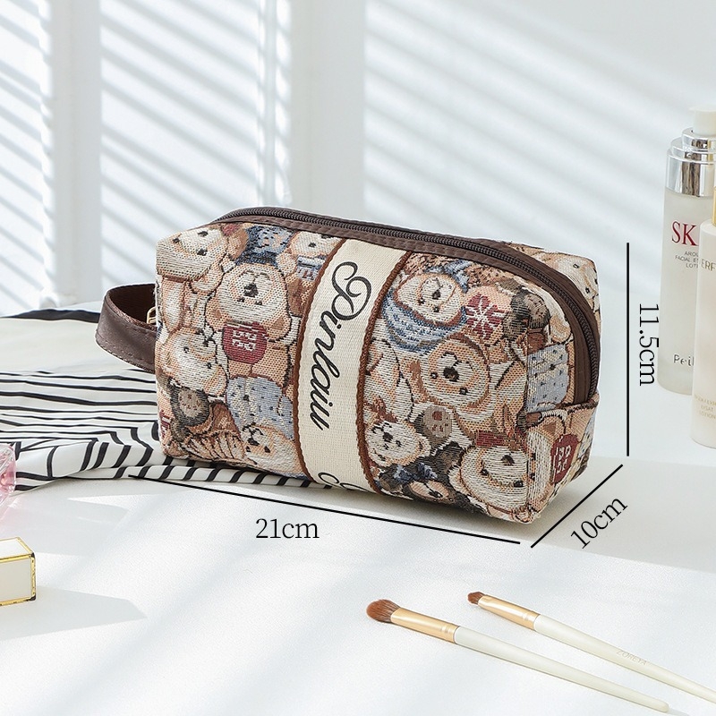 Geantă de cosmetică cu ursuleț desen animat drăguț - capacitate mare, portabilă pentru călătorii, poliester, respirabilă, ușoară, unisex, stil urban minimalist