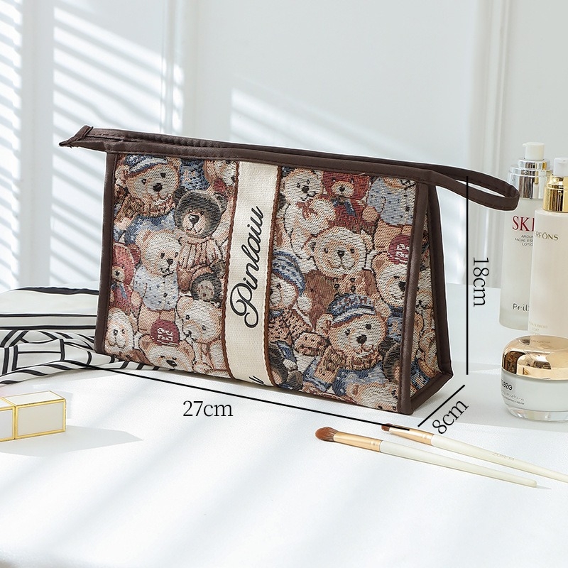 Geantă de cosmetică cu ursuleț desen animat drăguț - capacitate mare, portabilă pentru călătorii, poliester, respirabilă, ușoară, unisex, stil urban minimalist
