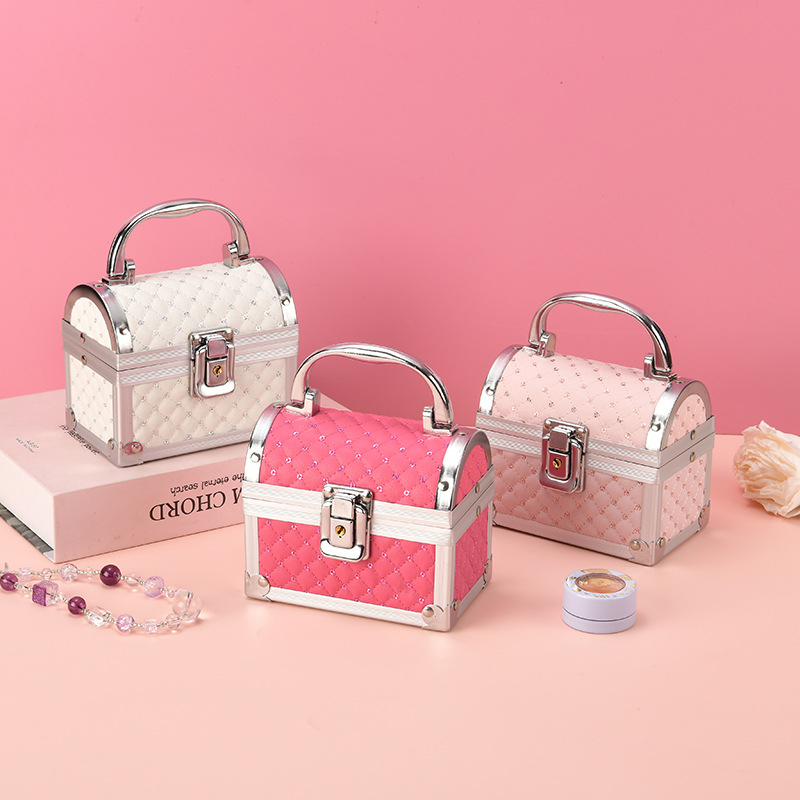 Μίνι κουτί καλλυντικών και κοσμημάτων με κλειδαριά, στυλ Κορεατικής πριγκίπισσας με καθρέφτη, κράμα αλουμινίου, καρό μοτίβο, επεκτεινόμενη στρώση, ελαφρύ 200 g για οικιακή αποθήκευση