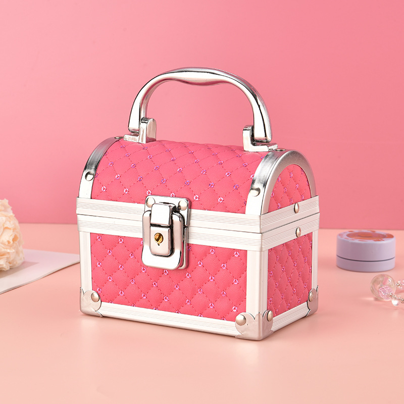 Μίνι κουτί καλλυντικών και κοσμημάτων με κλειδαριά, στυλ Κορεατικής πριγκίπισσας με καθρέφτη, κράμα αλουμινίου, καρό μοτίβο, επεκτεινόμενη στρώση, ελαφρύ 200 g για οικιακή αποθήκευση