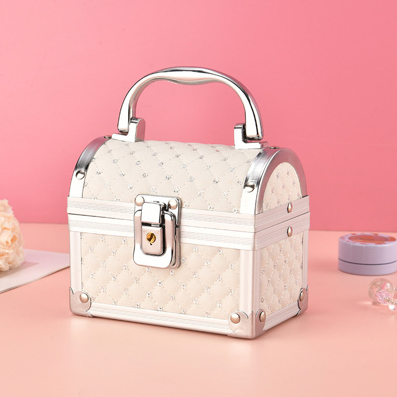 Μίνι κουτί καλλυντικών και κοσμημάτων με κλειδαριά, στυλ Κορεατικής πριγκίπισσας με καθρέφτη, κράμα αλουμινίου, καρό μοτίβο, επεκτεινόμενη στρώση, ελαφρύ 200 g για οικιακή αποθήκευση