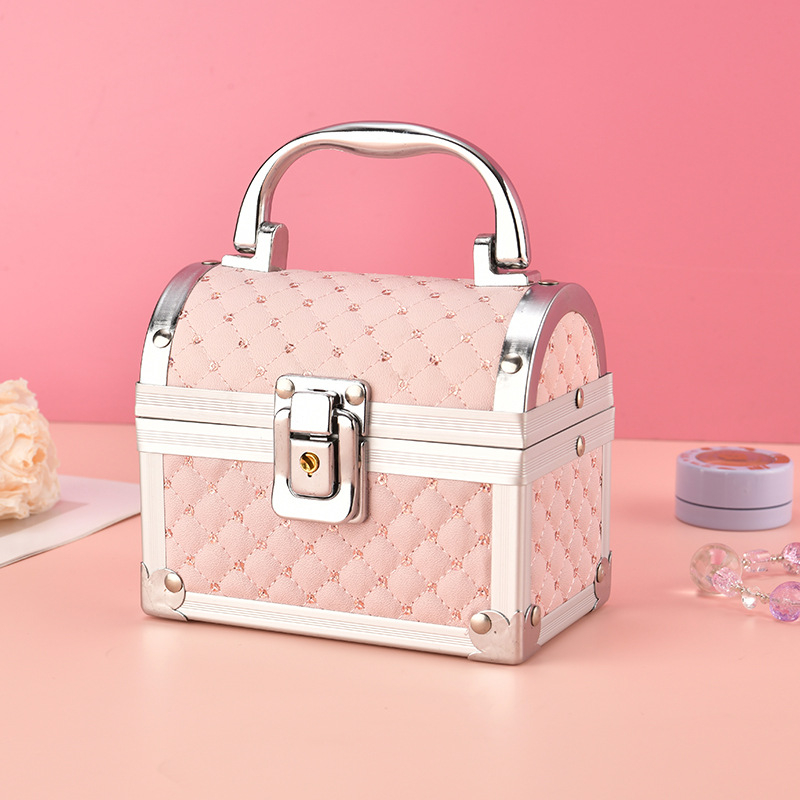 Μίνι κουτί καλλυντικών και κοσμημάτων με κλειδαριά, στυλ Κορεατικής πριγκίπισσας με καθρέφτη, κράμα αλουμινίου, καρό μοτίβο, επεκτεινόμενη στρώση, ελαφρύ 200 g για οικιακή αποθήκευση