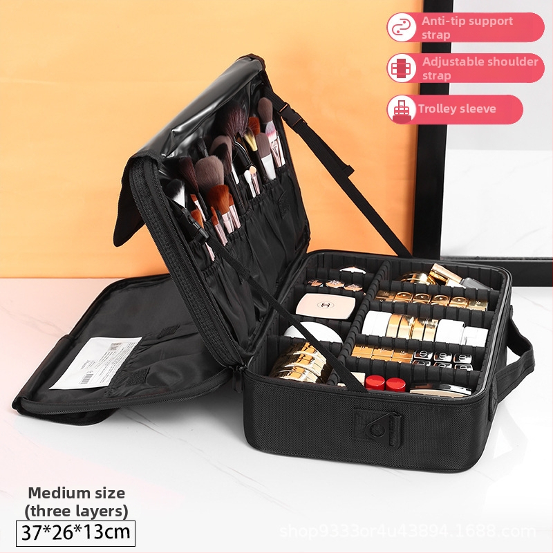 Geantă de cosmetică cu capacitate mare, impermeabilă, portabilă pentru călătorii, design cu mai multe straturi, țesătură Oxford, căptușeală din nylon