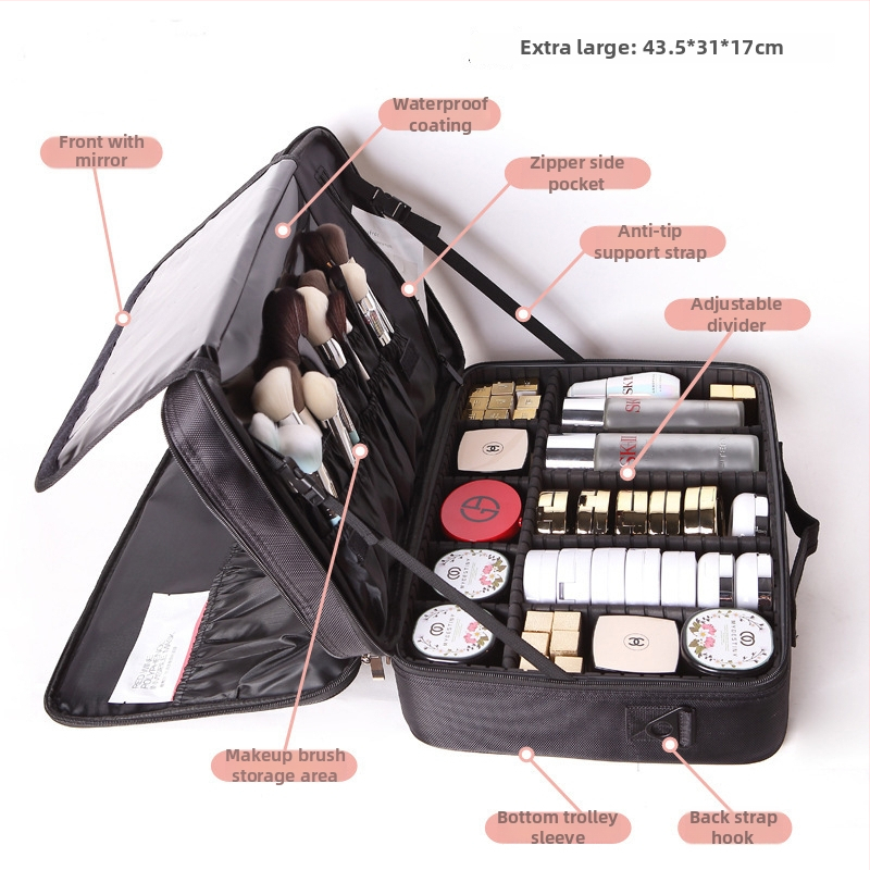 Geantă de cosmetică cu capacitate mare, impermeabilă, portabilă pentru călătorii, design cu mai multe straturi, țesătură Oxford, căptușeală din nylon