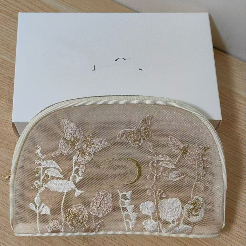 Τσάντα καλλυντικών με κεντημένο μοτίβο πεταλούδας, διχτυωτό ύφασμα, PU επένδυση, αναπνεύσιμη, Unisex, Άνοιξη 2025