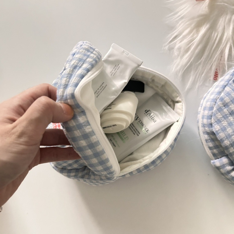 Sminktáska – nagy kapacitású, kockás pamut, antibakteriális, légáteresztő, könnyű