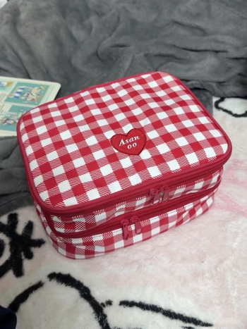 Τσάντα καλλυντικών με διπλό στρώμα, μεγάλη χωρητικότητα, κατάλληλη για ταξίδια, νάιλον, καρό μοτίβο, επένδυση πολυεστέρα, πολυλειτουργική